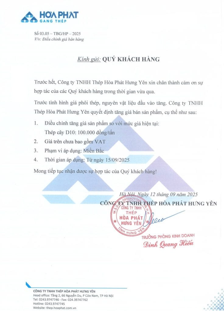 Cập nhật giá thép Hòa Phát hôm nay ngày 15/09/2025 tại miền Bắc 1 giá thép Hòa Phát hôm nay. giá thép Hòa Phát 15/09/2025